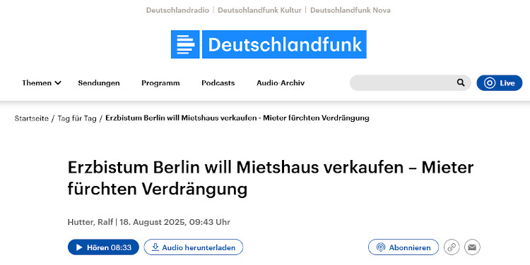 Ralf Hutter im Deutschlandfunk zu kirchlicher Vermietungspraxis